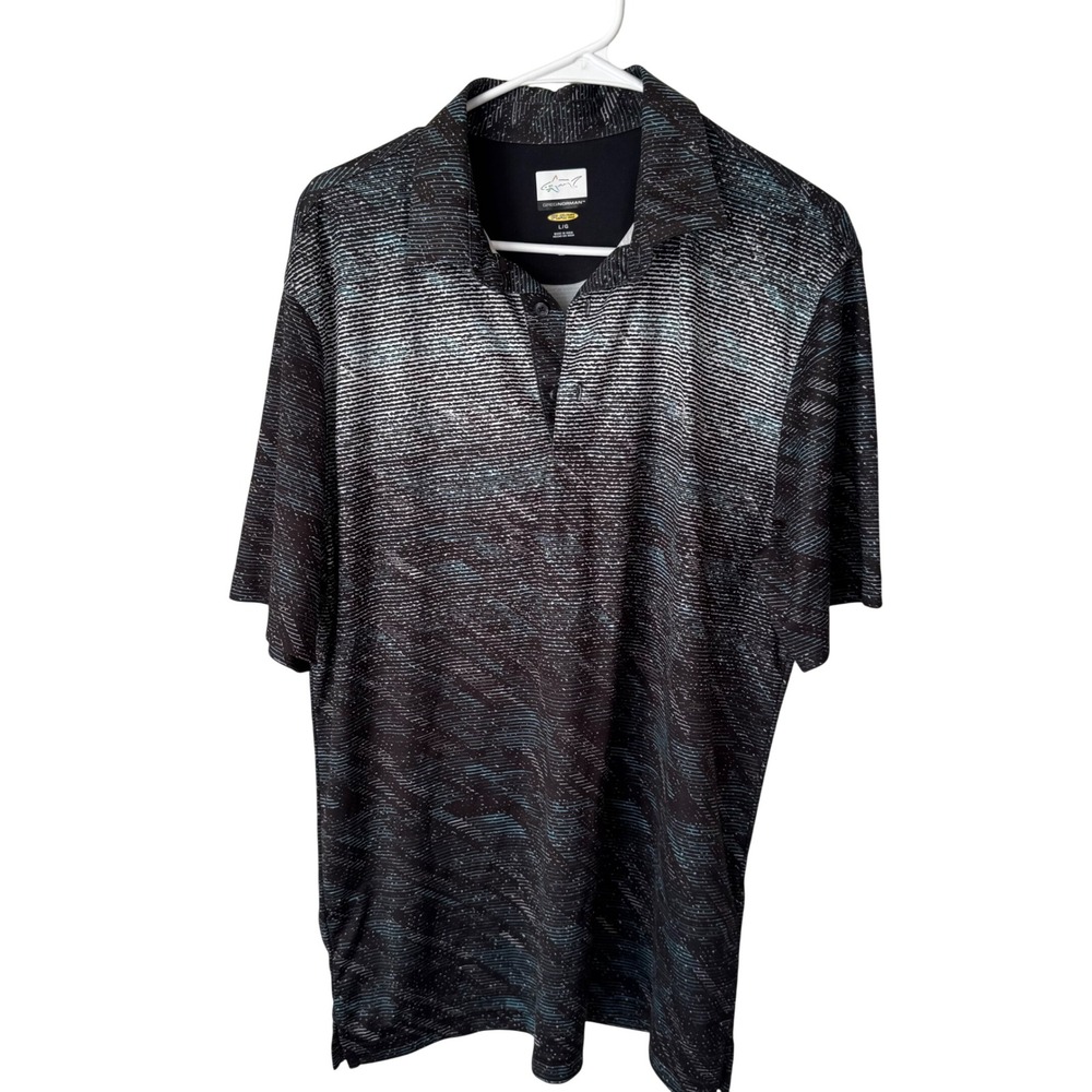 Greg Norman‎ Play Dry Mens Large Black Teal Abstract Print Golf Polo Shirt L/G